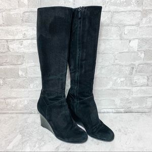 Cole Haan Knee High Black Suede Wedge Heel Boots